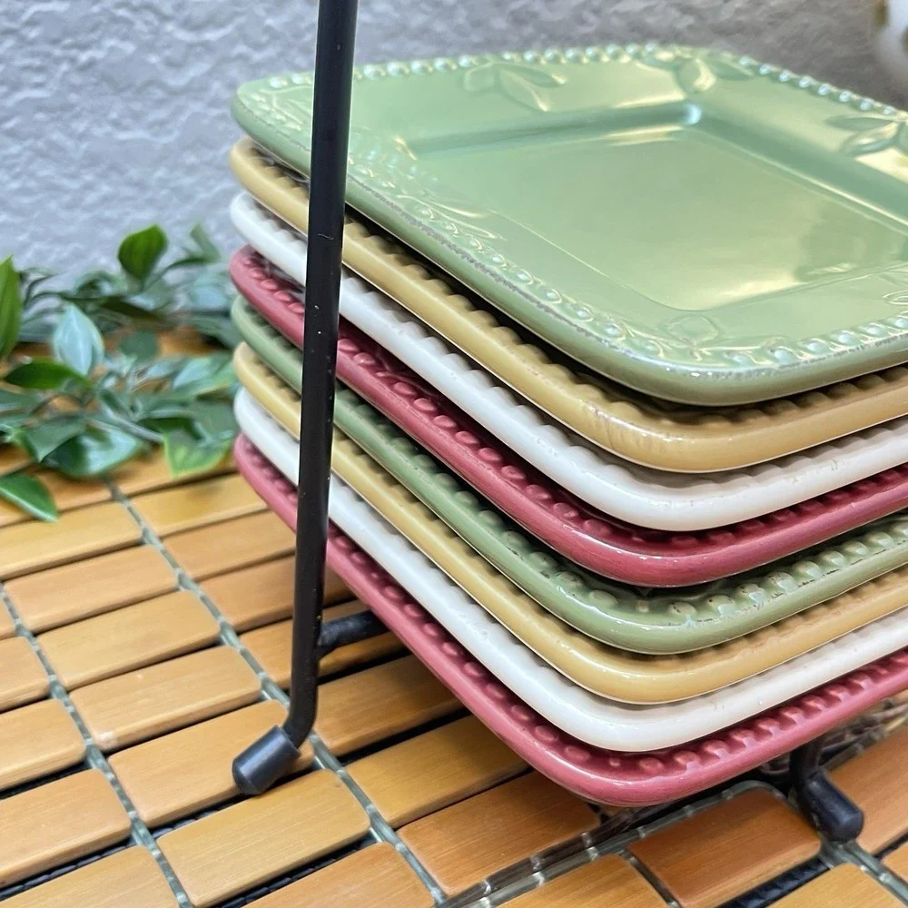 Vintage Signature Sorrento Debby Segura Square Appetizer Plates Set of 8 + Caddy